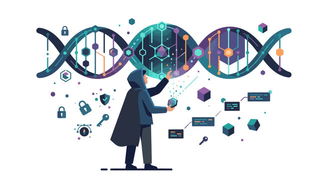 Professional cybersecurity expert analyzing digital DNA structure with cryptographic icons flat design illustration