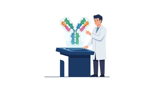 Scientist analyzing large antibody protein hologram for medical immunology research flat design vector illustration.