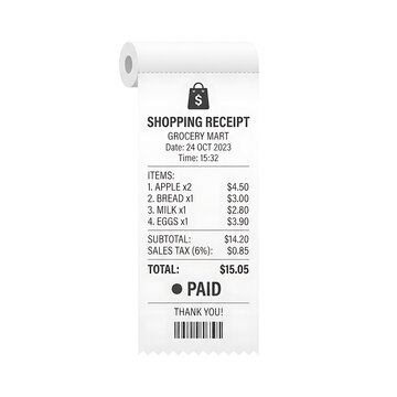 A realistic paper shopping receipt from a grocery store showing purchased items and total cost.