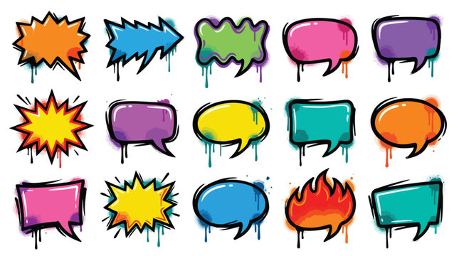 Graffiti speech bubbles with paint drips, colorful street art comic bubbles set, 15 urban spray paint style chat icons for social media and design isolated PNG with Transparent Background