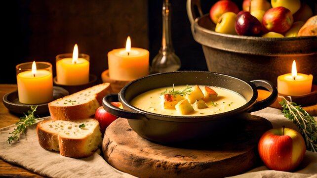 Rustic cheese fondue dinner setting with fresh bread apples rosemary and cinematic ambiance

