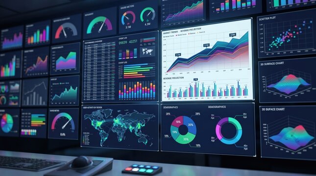 Futuristic control room wall filled with multiple screens displaying colorful big data analytics, market trends, demographics pie charts and 3D surface graphs