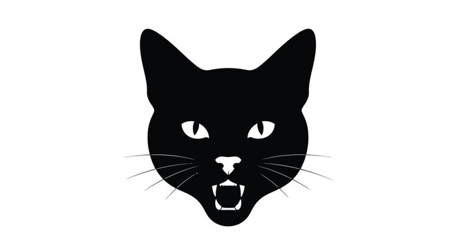 Black Cat Head Illustration with Green Eyes and Open Mouth.