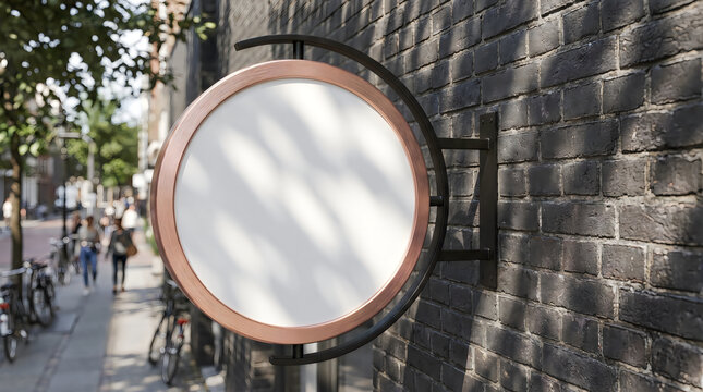 Minimalist round shop sign mockup on brick wall, blank circular storefront signage with copper frame, outdoor business branding board in city street
