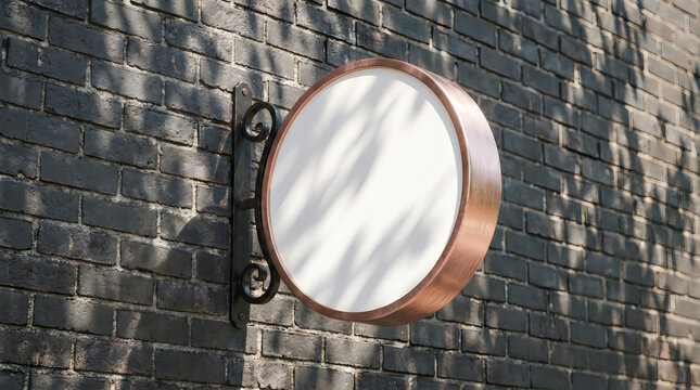 Vintage round shop sign mockup on brick wall, blank copper store signage with wrought iron bracket, circular outdoor boutique logo display