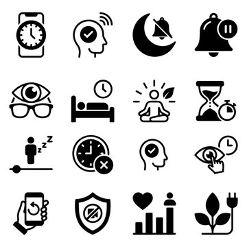 Wellness and sleep tracking digital activity icons with do not disturb, wellness