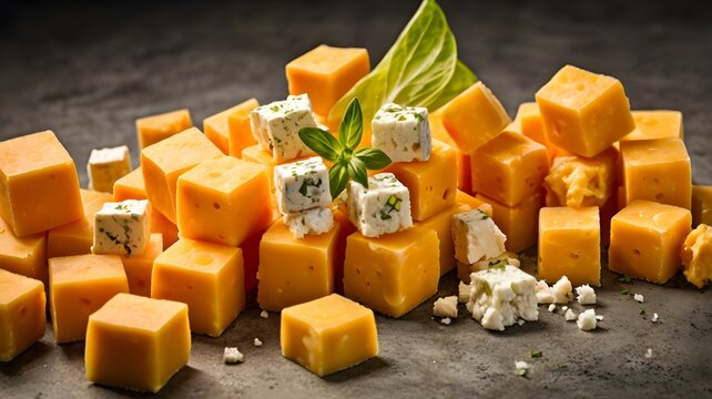 High resolution gourmet cheddar cheese composition on dark textured platter with studio lighting
