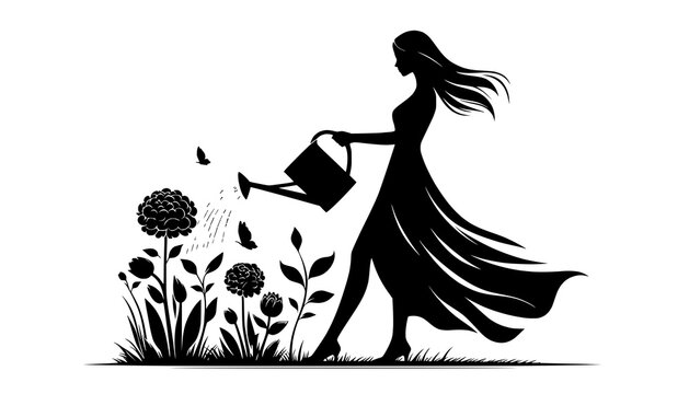 Woman silhouette waters blooming flowers in a garden using a metal watering can during a sunny day.