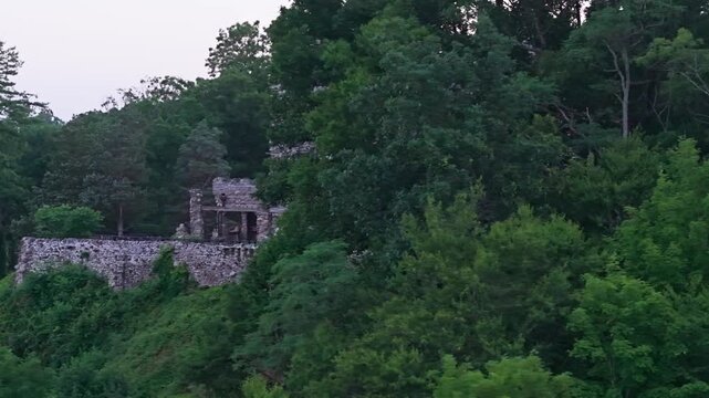 Summer aerial view featuring Gillette Castle in East Haddam, Connecticut at sunrise