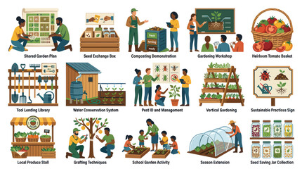Naklejka premium Flat Vector Icons Illustrating Diverse Gardening Activities and Practices