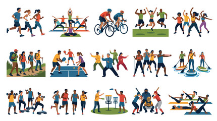 Fototapeta premium Fitness and Sports Activities Flat Vector Illustration Collection with People Exercising and Leading a Healthy Lifestyle