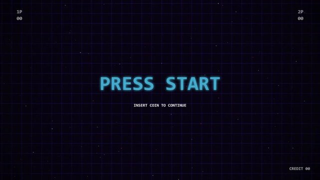 8-bit Retro Arcade Screen with Glowing Press Start Text and Digital Grid