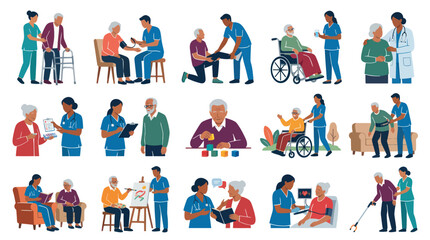Fototapeta premium Elderly Caregivers Assisting Seniors with Daily Activities, Flat Vector Art