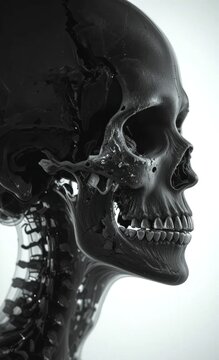 A glossy black human skull and neck in profile, showcasing intricate bone structure and vertebrae with a sleek, reflective surface.
