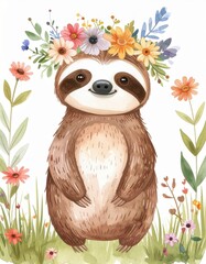 Obraz premium Cute illustrated sloth with a colorful flower crown standing among wildflowers on a white background.