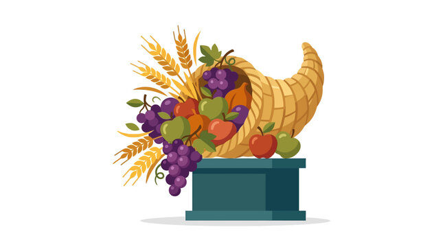 Bountiful cornucopia overflowing with autumn harvest fruits and golden wheat for Thanksgiving flat design vector illustration.