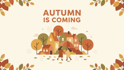 Fototapeta premium Cozy autumn is coming card design featuring two girls holding hands and walking under an umbrella in a village.