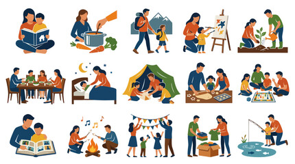 Fototapeta premium Flat Illustration of Family Life and Parenting Activities. Parents and Kids Spending Time Together at Home and Outdoors