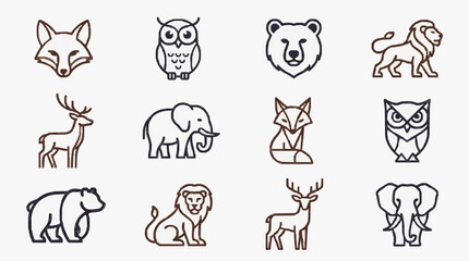 Sleek Minimalist Line Drawing Set of 12 Monochrome Wildlife and Forest Animals Icons in Brown Outline Style © Deni
