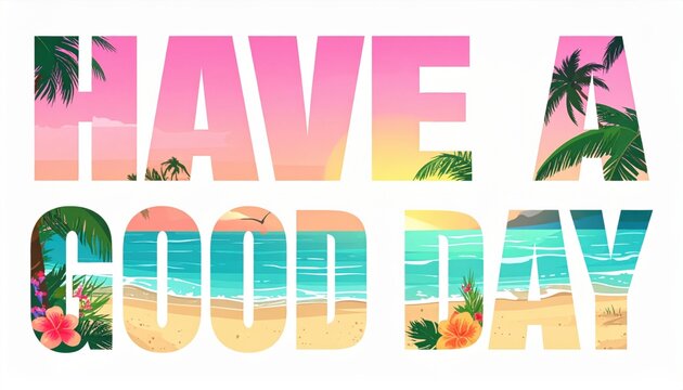 Text "HAVE A GOOD DAY" filled with tropical beach scenery, featuring palm trees, sand, ocean, and flowers in vibrant colors.
