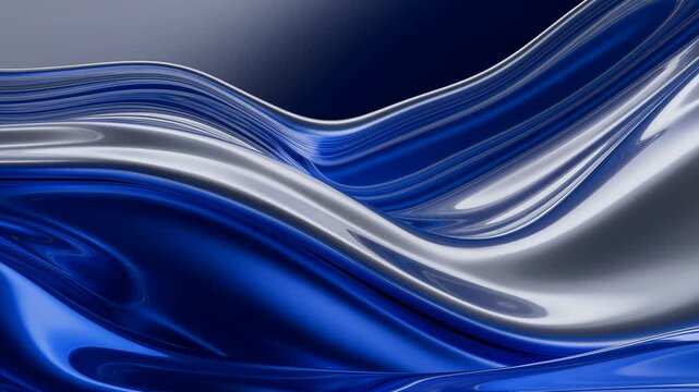 Elegant blue and silver liquid metal waves abstract background with glossy silky texture