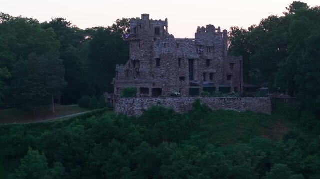 Summer aerial view featuring Gillette Castle in East Haddam, Connecticut at sunrise