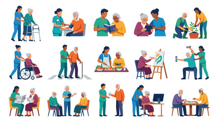 Fototapeta premium Senior Care Vector Icons: Diverse Activities, Flat Style Illustrations