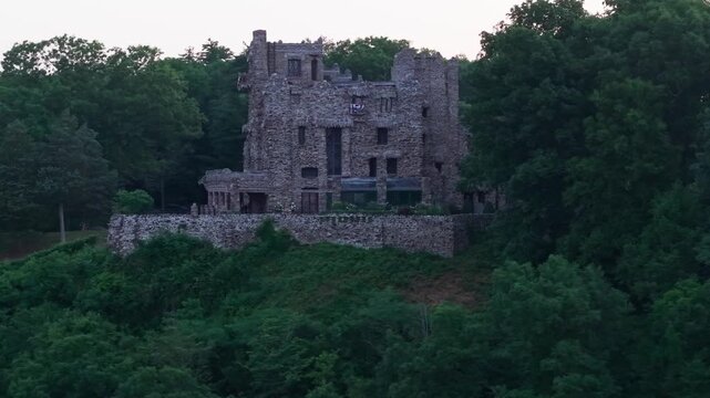 Summer aerial view featuring Gillette Castle in East Haddam, Connecticut at sunrise