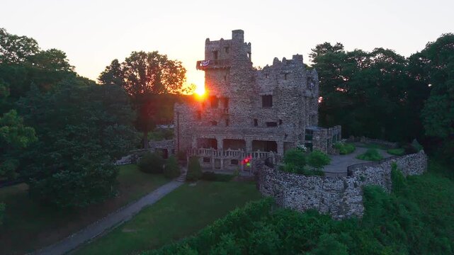 Summer aerial view featuring Gillette Castle in East Haddam, Connecticut at sunrise