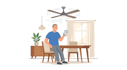 Fototapeta premium Man controlling smart ceiling fan with mobile app in modern dining room flat vector illustration
