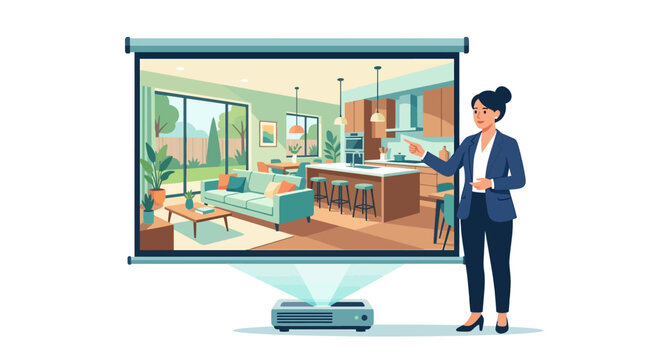 Professional female real estate agent presenting modern house interior on projector screen flat vector illustration.