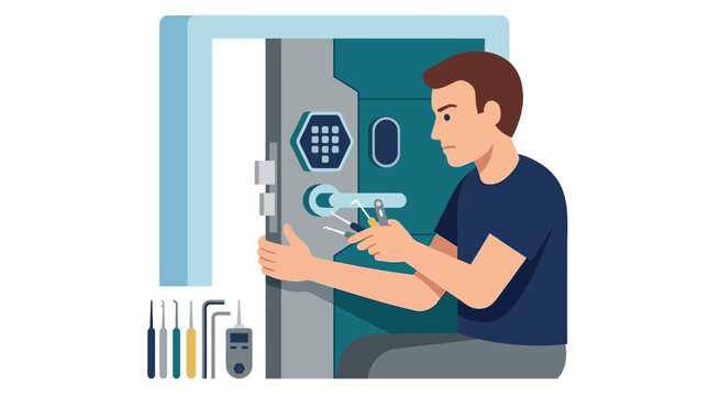 Professional locksmith technician testing and repairing a modern digital smart door lock flat design vector illustration.