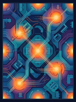 Abstract digital circuit pattern with glowing orange energy nodes