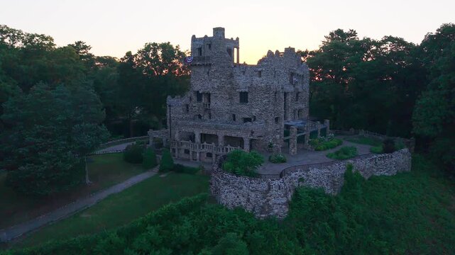 Summer aerial view featuring Gillette Castle in East Haddam, Connecticut at sunrise