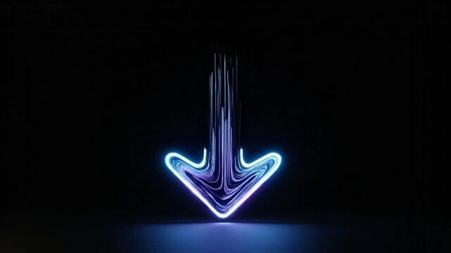 A glowing blue neon arrow points downwards against a dark background
