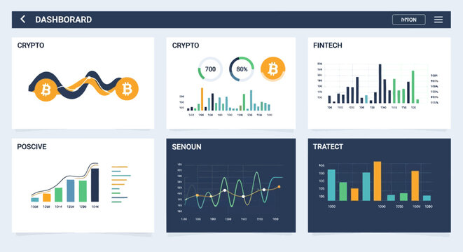 Cryptocurrency dashboard interface design. Bitcoin finance infographic. Digital currency chart and analysis. Flat vector illustration with wavy logo and statistical graphics. Modern business