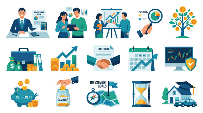 Modern Flat Vector Finance and Investment Icons Set for Business, Financial Planning, and Wealth Management