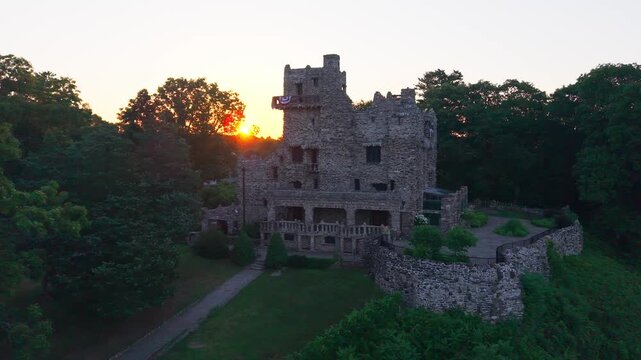 Summer aerial view featuring Gillette Castle in East Haddam, Connecticut at sunrise