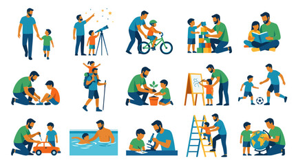 Fototapeta premium Father and Son Bonding Activities Flat Vector Illustration Set. Parenting, Childhood Education Lifestyle Concepts