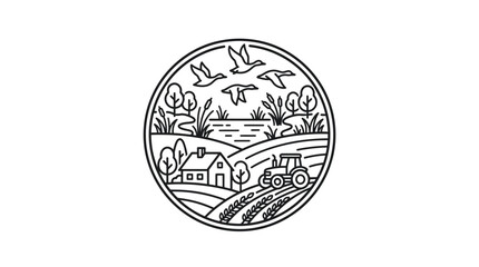 Professional Black and White Line Drawing of Rural Landscape with Farmhouse Tractor Birds and Nature Scene © WAHYU