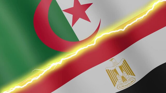 Two waving flags Algeria and Egypt with diagonal lightning seamless, 4k loop