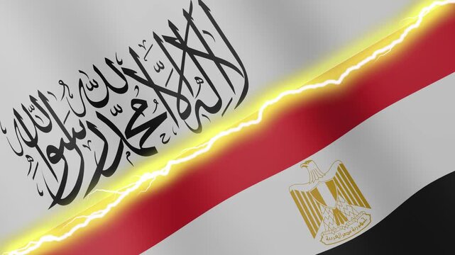 Two waving flags Afghanistan and Egypt with diagonal lightning seamless, 4k loop