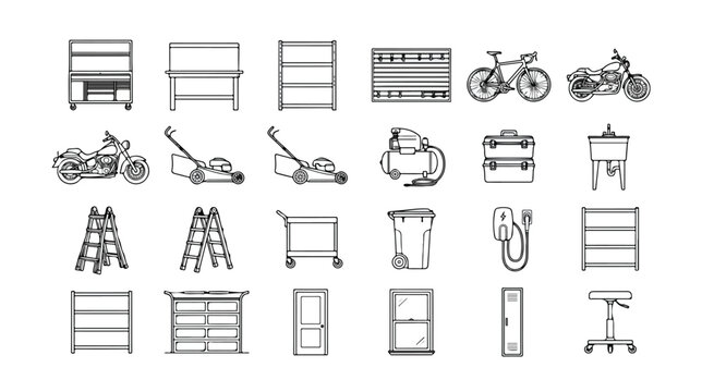 Garage and workshop equipment line icon set, 24 vector elements for home organization, tools and storage furniture icons for basement planning