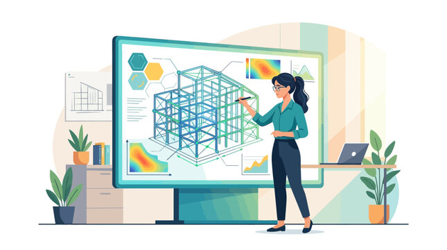 Female architect adjusting a 3D structural building model on a large digital touchscreen display flat design vector illustration.