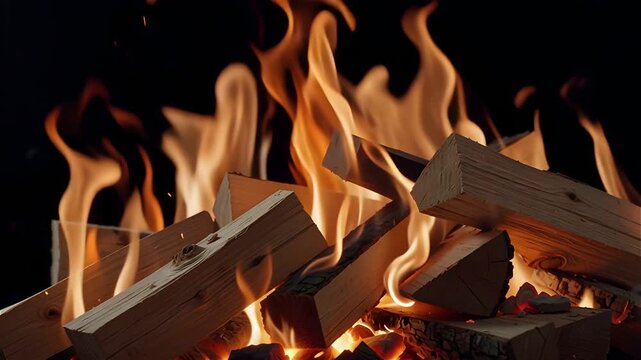 Burning Firewood Logs Crackling With Rising Flames on Dark Background, Warm Seamless Loop Fire Texture Ideal for Cozy Composition and Winter Themed