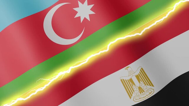 Two waving flags Azerbaijan and Egypt with diagonal lightning seamless, 4k loop