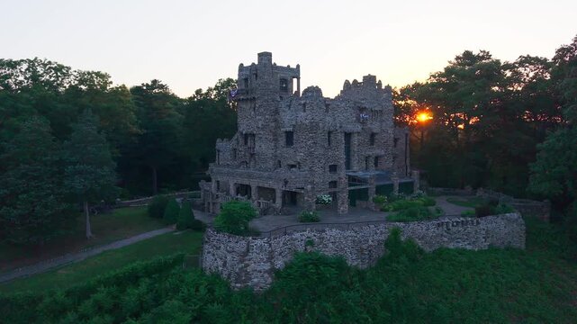 Summer aerial view featuring Gillette Castle in East Haddam, Connecticut at sunrise