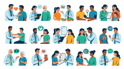 Fototapeta premium Flat Vector Healthcare Medical Illustrations Set with Diverse Doctor-Patient Consultations