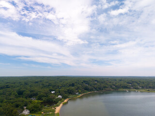Fototapeta premium Aerial view of coastal town with forest and bay