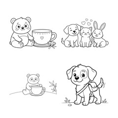 Line art illustration of bears dogs and a rabbit with tea cups on a white background © MDJION